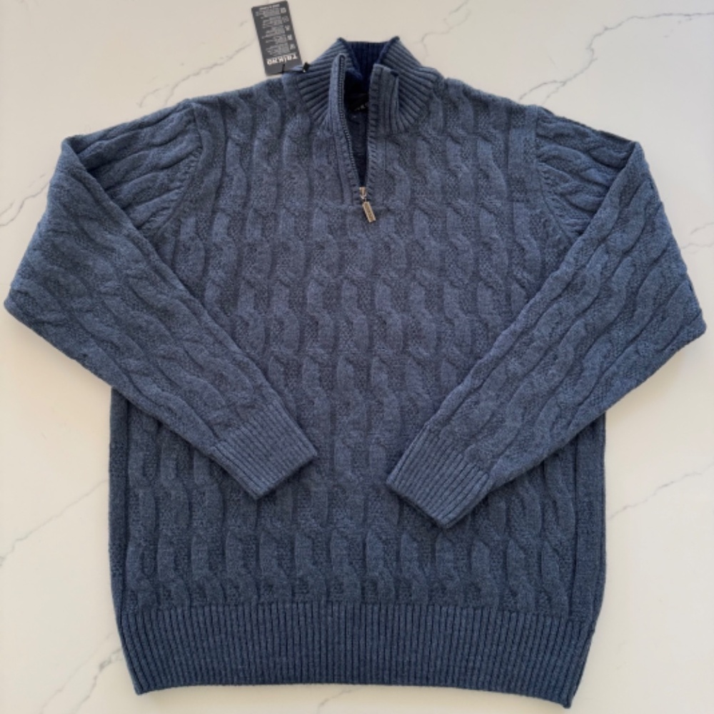 Mens Trikko Cable Quarter Zip Sweater Gray Blue Size Large NWT